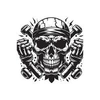Skull with wrenches in hand, black and white vector