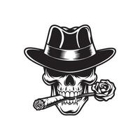 Skull with hat and cigar in black and white vector