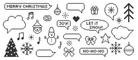 Set of xmas icons of christmas tree, present, snowman, bow, snowflake and speech bubble. Pixel art illustration. vector