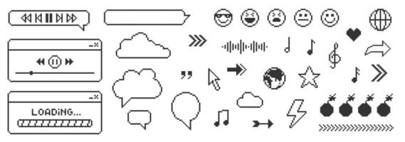 Set of pixel art elements in 90s style. Message boxes and popup user interface elements. illustration. vector