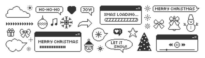 Set of xmas icons of christmas tree, present, snowman, bow, snowflake and speech bubble. Pixel art illustration. vector