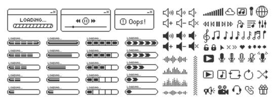 Set of music and icons, elements of computer interface and progress bar. Pixel art illustration. vector