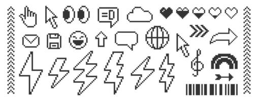 Set of emoji, globe, specch bubbles, rainbow and lightning. Pixel art illustration. vector