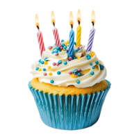 Freshly Baked Close-Up of Cupcake with Candles, Nuts, and Chocolate on a Transparent Background png