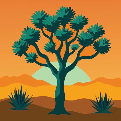 A desert landscape with a tree in the foreground