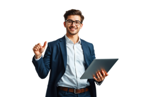 Smiling Businessman Holding Tablet and Pointing isolated on transparent background png