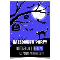 Halloween party banner, poster or flyer with terrible pumpkins, flying bats and a scared to death cat in midnight darkness under a full moon. Ready for web or to print design template. vector