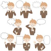 collection set of cute doodle hand draw speech bubble balloon with boy man character facial expression, text box think speak talk banner vector