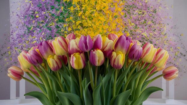 A vase filled with colorful tulips on a table photo