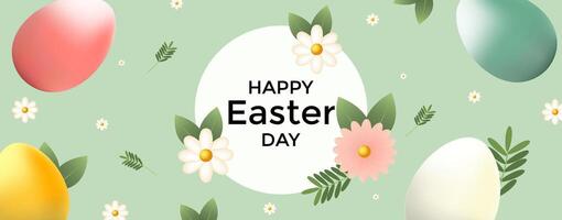 Happy Easter day banner with floral design and colorful eggs vector
