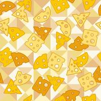 Seamless pattern with icons of sliced cheese. Cheese holey pieces on pastel colored mosaic background. Flat simple style. Random scattered objects. For branding, food packaging, prints vector
