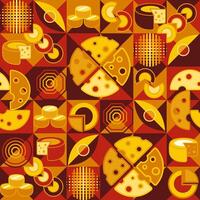 Seamless pattern with icons of Cheese slices, abstract shapes in flat simple geometric style. Dark mosaic background. For branding, decoration of food packaging, textile kitchen prints vector