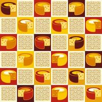 Seamless geometric checkered pattern with icons of cut Cheese wheel, outline fan shaped ornament in flat simple geometric style. Classic checkered square grid. For branding, food packaging, prints vector