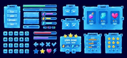 Ice crystal game interface and buttons, game asset vector