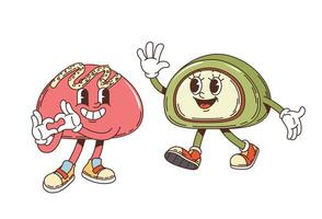 Retro cartoon Japanese mochi groovy characters vector