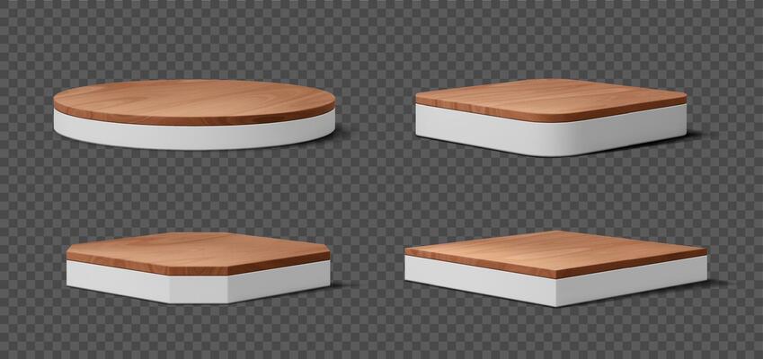 White podiums, wooden platform stages for displays