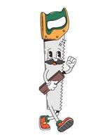 Retro groovy hand saw tool cartoon funny character vector
