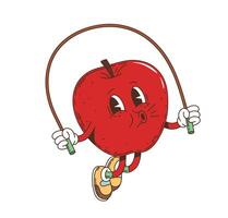 Cartoon groovy apple retro character skipping rope vector