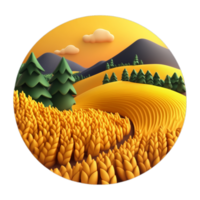 A circular illustration of a field with trees and mountains png