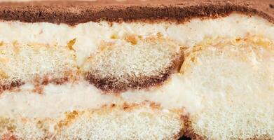 Macro Shot of Tiramisu Cake, A Textured Close-Up of the Classic Italian No-Bake Dessert Featuring Savoiardi, Mascarpone Cheese, Espresso, and Cocoa Powder photo