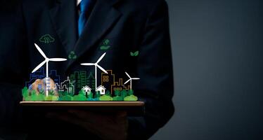 Green technology, sustainable development and reduction of pollution and global warming make the environment friendly. photo