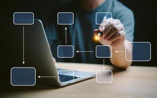 Hand drawing flowchart on laptop screen, indicating workflow, process management. Highlights planning, strategic development. Useful for business presentations, project management. photo