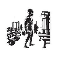A silhouette of a man in a gym with weights vector