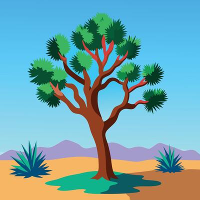 A cartoon tree in the desert with a blue sky