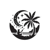 A man sitting on a palm tree with a star and moon in the background vector