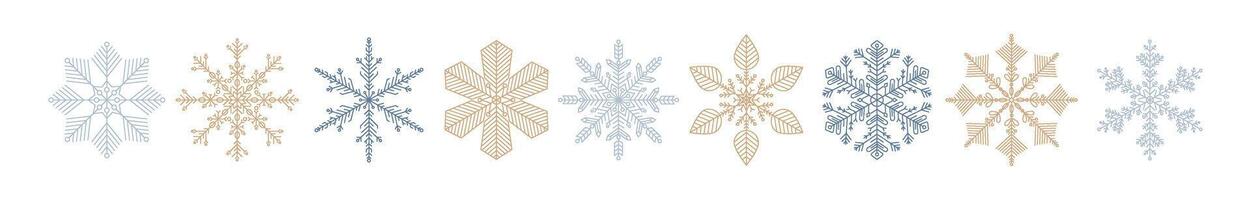 Snowflakes ice crystal collection. Set of golden and silver snowflakes design elements. Merry Christmas and happy new year ice crystal for winter greeting print isolated. Snow icon symbols. vector