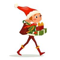 Cute elf in a cap is rushing with gifts isolated on white background. Santa Claus little helper fun character smiling with present. Cartoon illustration for Christmas card, banner, sticker vector
