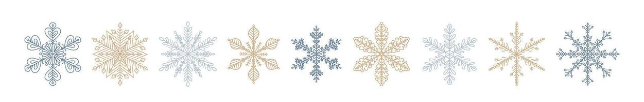 Snowflakes ice crystal collection. Set of golden and silver snowflakes design elements. Merry Christmas and happy new year ice crystal for winter greeting print isolated. Snow icon symbols. vector