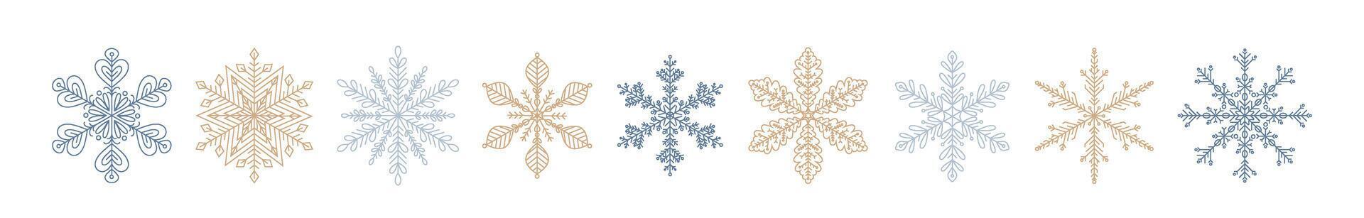 Snowflakes ice crystal collection. Set of golden and silver snowflakes design elements. Merry Christmas and happy new year ice crystal for winter greeting print isolated. Snow icon symbols.