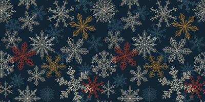 Christmas pattern with colorful snowflakes on dark blue background. Simple Christmas seamless pattern with geometric motifs. New year ornament. Design web, wrapping, wallpaper, cover, textile vector