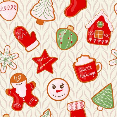 Cozy seamless winter food pattern from Christmas gingerbread sugar glaze cookies and knitting braid background. Snowman, star, sock, tree, decoration for design wrapping wallpaper cover textile