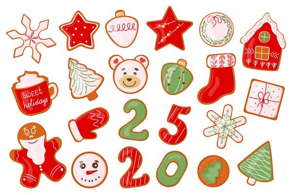 Collection Christmas gingerbread sugar glaze cookies Sweet homemade biscuit of hand painted ginger cake man, snowflakes, snowman and sock, tree, home and star winter food illustrations isolated