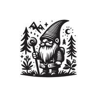 Gnome in the woods with a stick and a hat vector