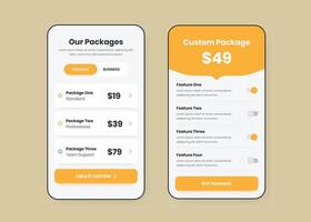 Subscription pricing and custom package screen mobile app ui design vector
