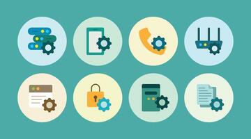 Minimalist gear and setting flat color icon set with various digital and analogue devices vector