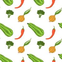 Colorful pattern of vegetables including zucchini, broccoli, and onions on a white background vector