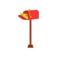 A red mailbox ready to receive letters standing on a wooden post in a sunny neighborhood setting vector