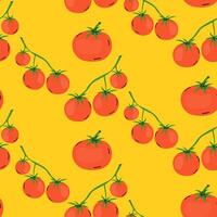 Bright red tomatoes on green vines against a cheerful yellow background in a whimsical design vector