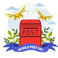 Celebrating World Post Day with a vibrant mailbox and flying envelopes surrounded by greenery vector