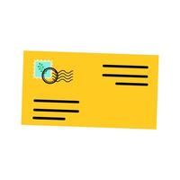 A bright yellow envelope featuring a postage stamp and whimsical text lines for mailing letters vector