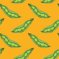 Bright yellow background featuring a repeating pattern of green pea pods and peas vector