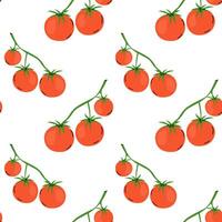 Brightly colored tomatoes hanging on green vines against a white background in a seamless pattern vector