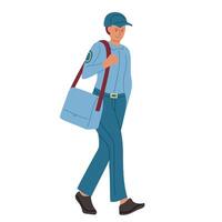 A courier in a blue uniform walking with a messenger bag on a bright day vector