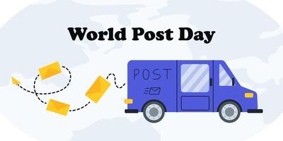 Celebrating World Post Day with a van delivering mail and letters on the world map vector