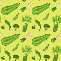 Vibrant green veggie pattern with zucchini, celery, broccoli, and peas on a light background vector