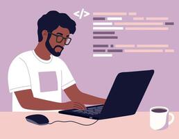 Young programmer working on laptop computer. Software development concept design vector